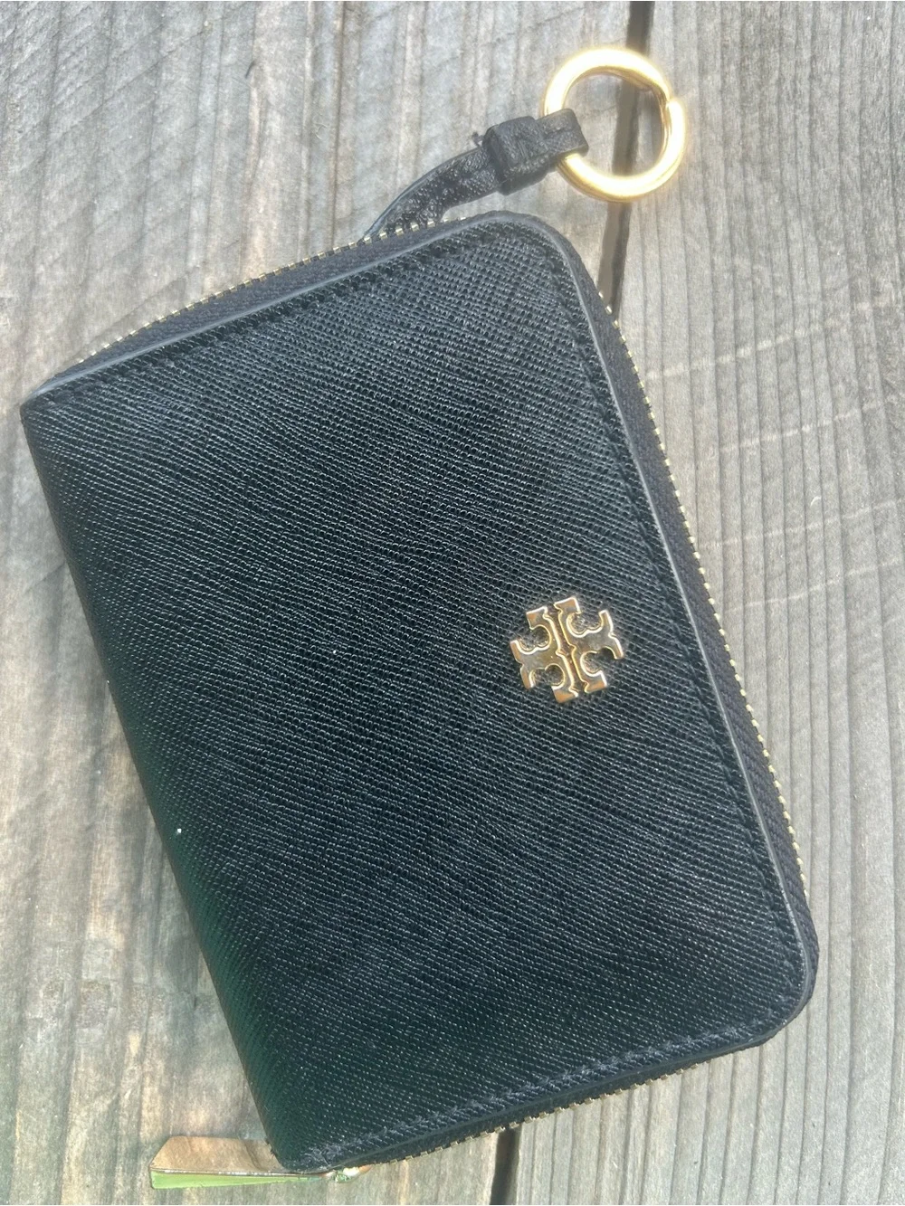 Tory Burch Robinson Black Saffiano Leather Zip Coin Purse Wallet Gold Logo